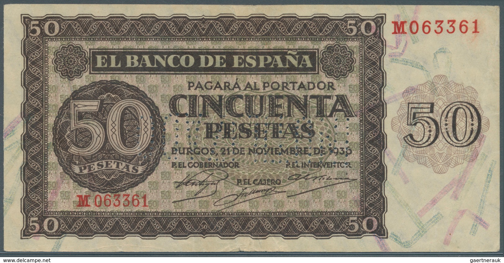 02411 Spain / Spanien: 50 Pesetas 1936 With Cancellation "inutilizado", Regular Serial Number, P. 100s, Fo - Otros & Sin Clasificación