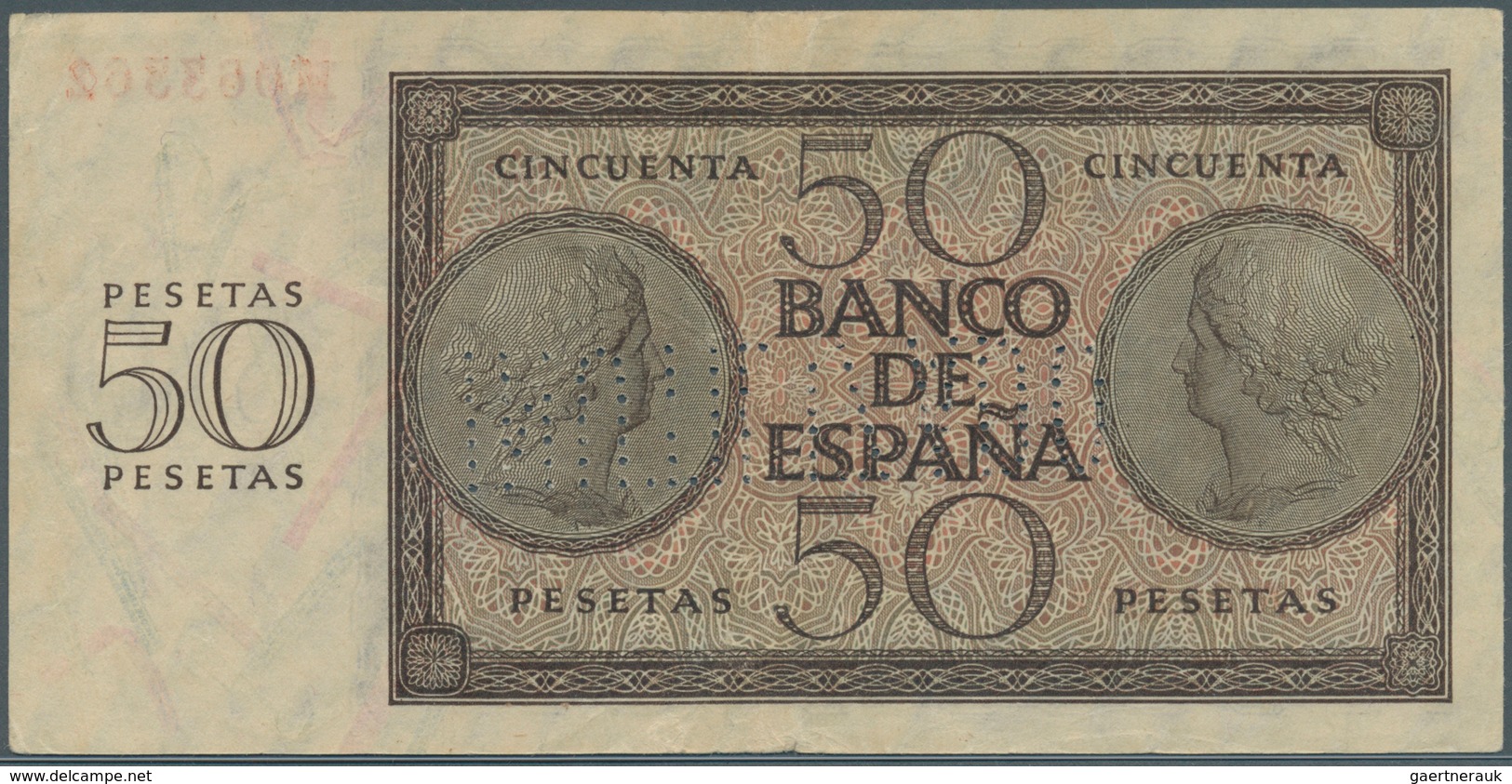 02411 Spain / Spanien: 50 Pesetas 1936 With Cancellation "inutilizado", Regular Serial Number, P. 100s, Fo - Andere & Zonder Classificatie