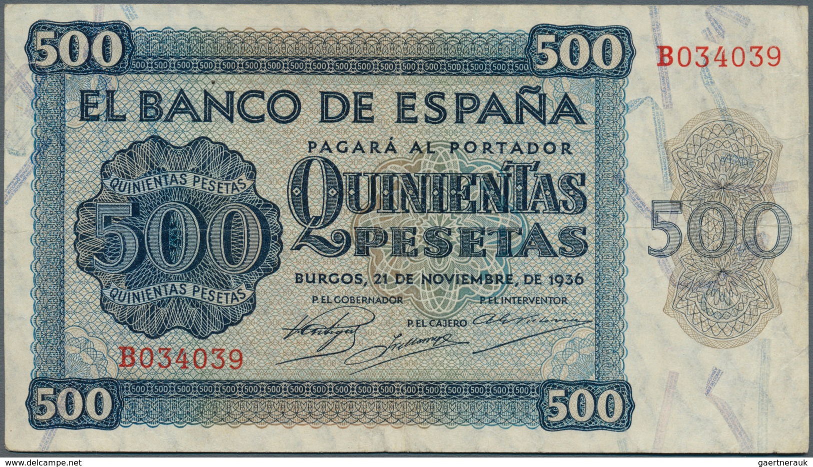 02413 Spain / Spanien: 500 Pesetas 1936 P. 102a, One Vertical And Horizontal Fold, No Holes Or Tears, Corn - Otros & Sin Clasificación