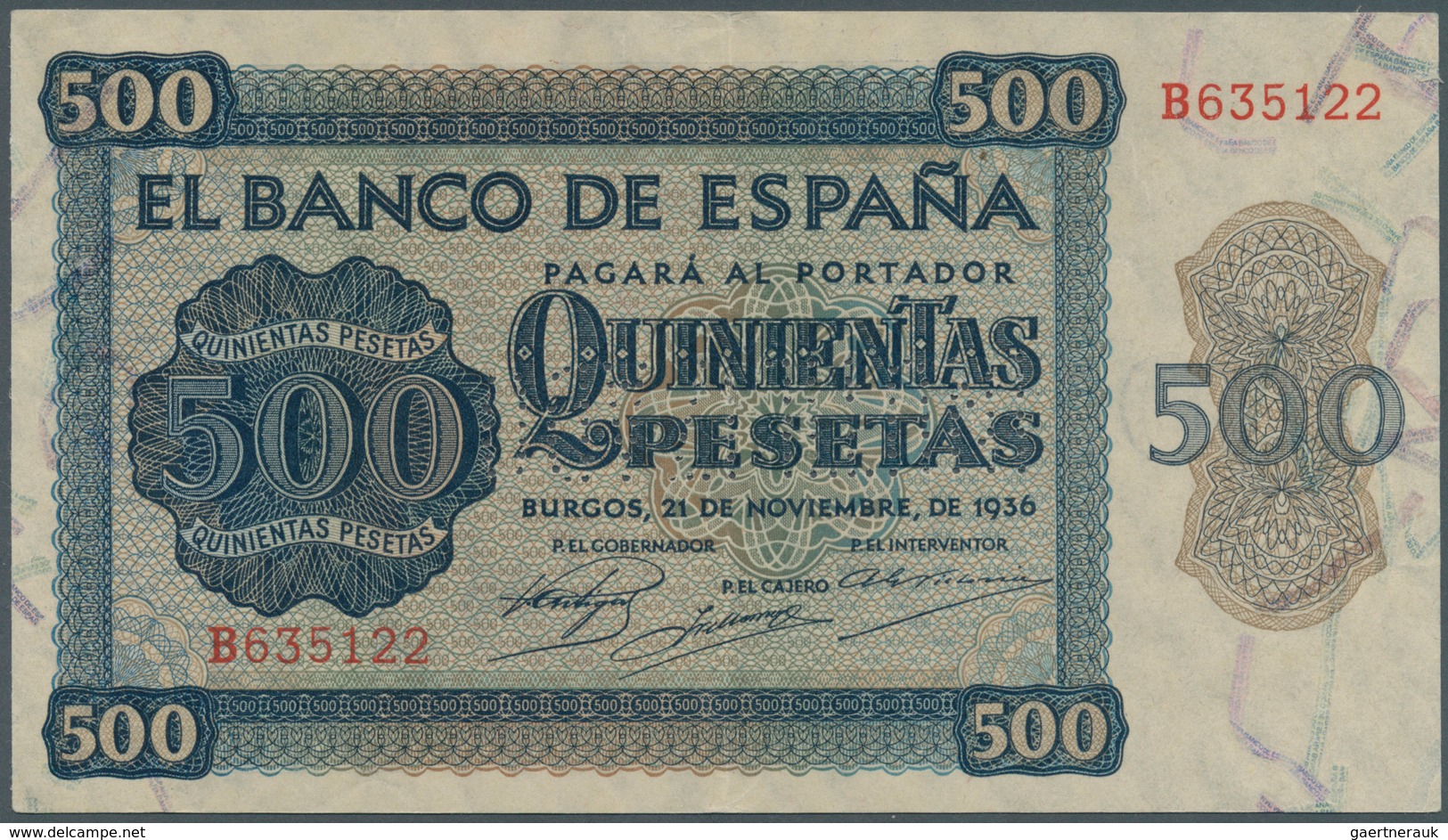 02414 Spain / Spanien: 500 Pesetas 1936 With Cancellation Perforation P. 102s, Regular Serial Number, Vert - Altri & Non Classificati