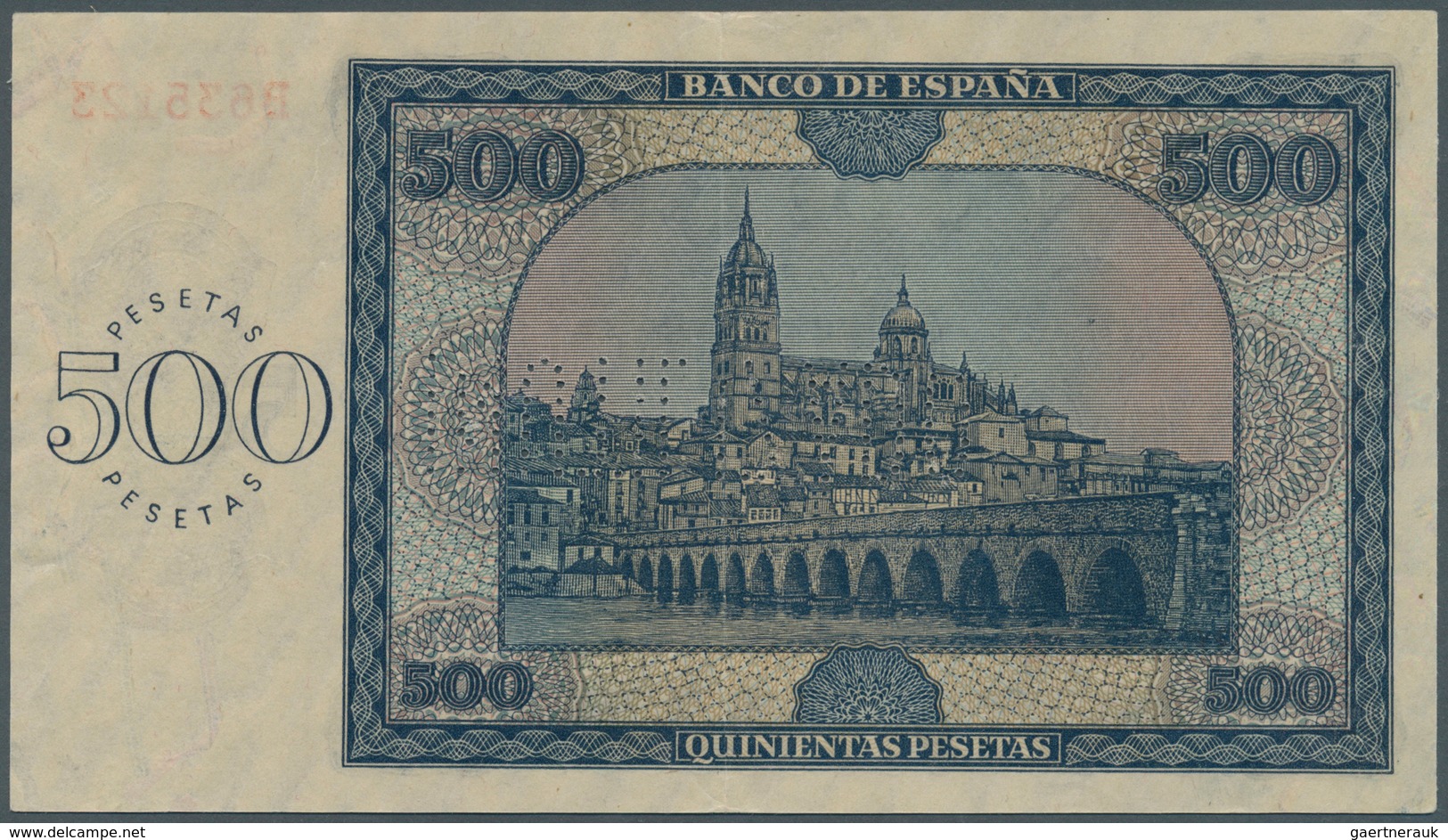 02414 Spain / Spanien: 500 Pesetas 1936 With Cancellation Perforation P. 102s, Regular Serial Number, Vert - Other & Unclassified