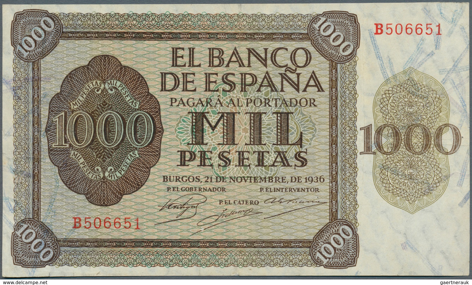 02416 Spain / Spanien: 1000 Pesetas 1936 P. 103a, Horizontal And Vertical Fold, A 1mm Tear At Lower Border - Other & Unclassified