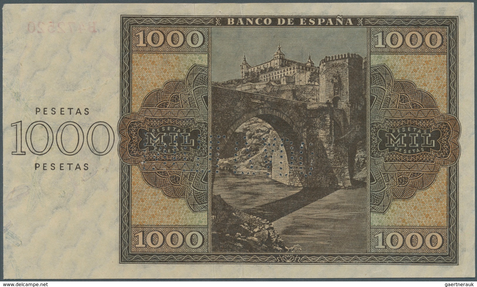 02417 Spain / Spanien: 1000 Pesetas 1936 With Cancellation Perforation P. 103s, Regular Serial Number, Ver - Andere & Zonder Classificatie