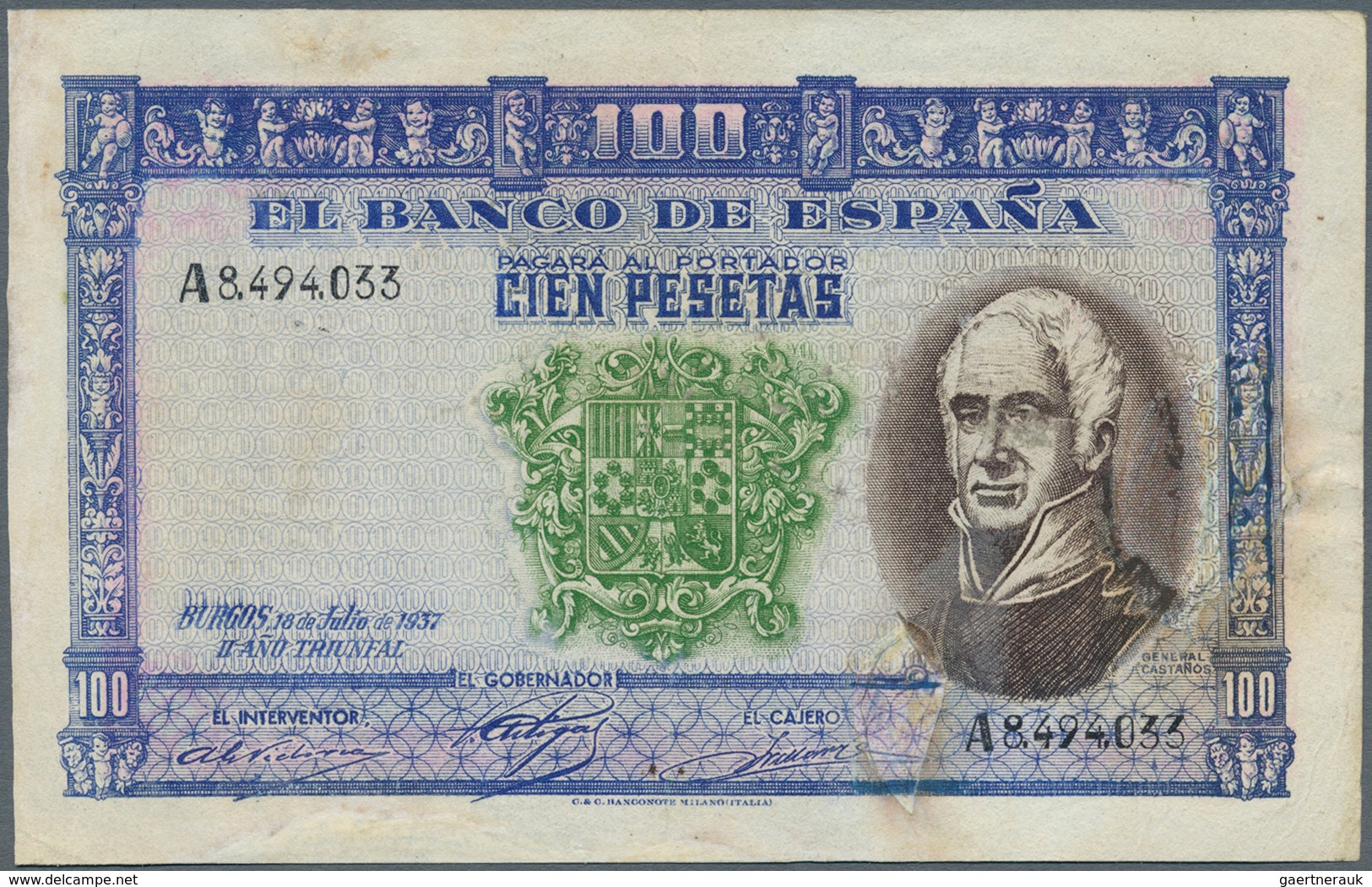 02418 Spain / Spanien: 100  Pesetas 1937 P. 106C, Highly Rare Issue, Unissued Design, With Serial Number A - Andere & Zonder Classificatie