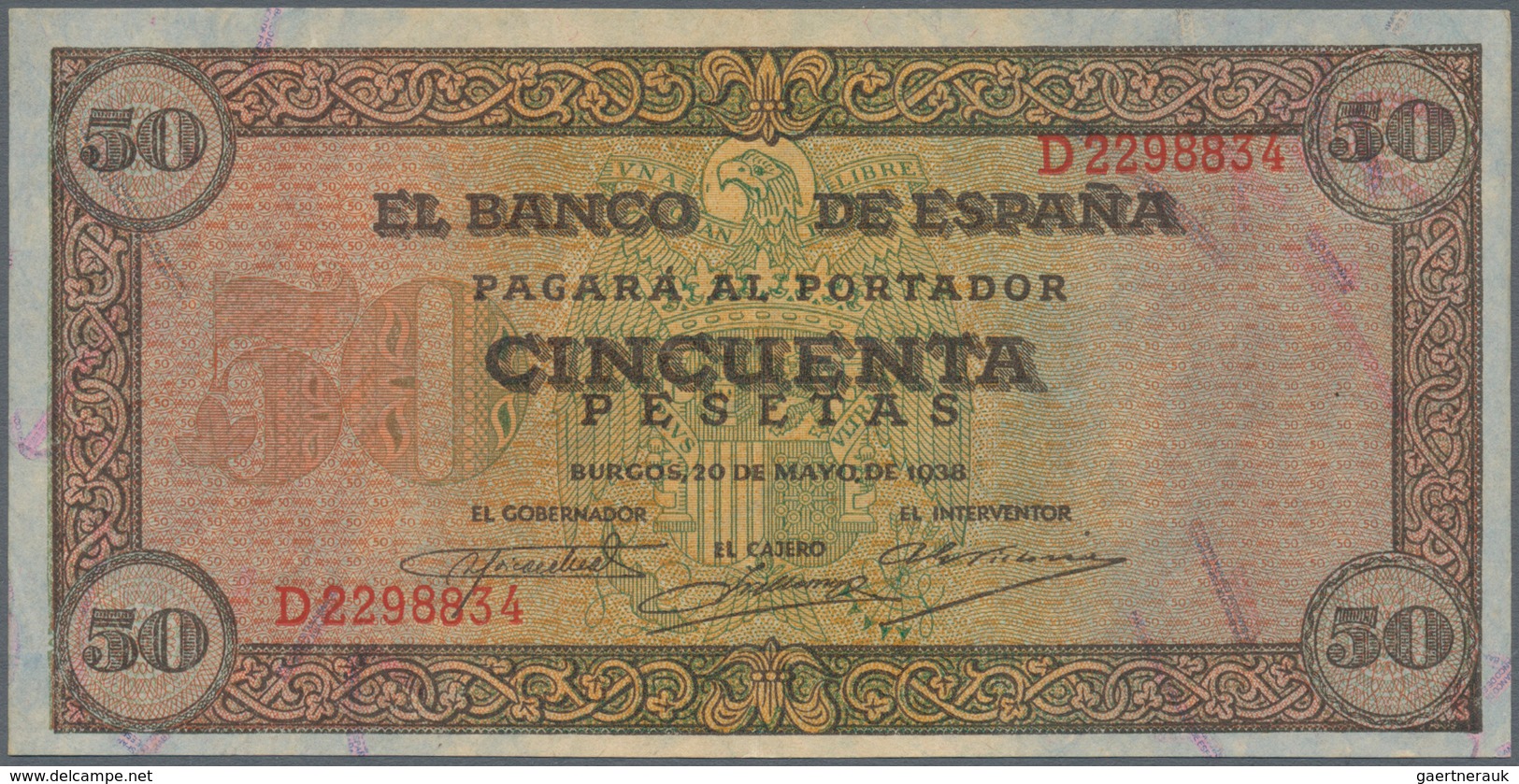 02420 Spain / Spanien: 50 Pesetas 1938 P. 112a, Light Center Fold, Otherwise Perfect, Condition: XF+. - Andere & Zonder Classificatie