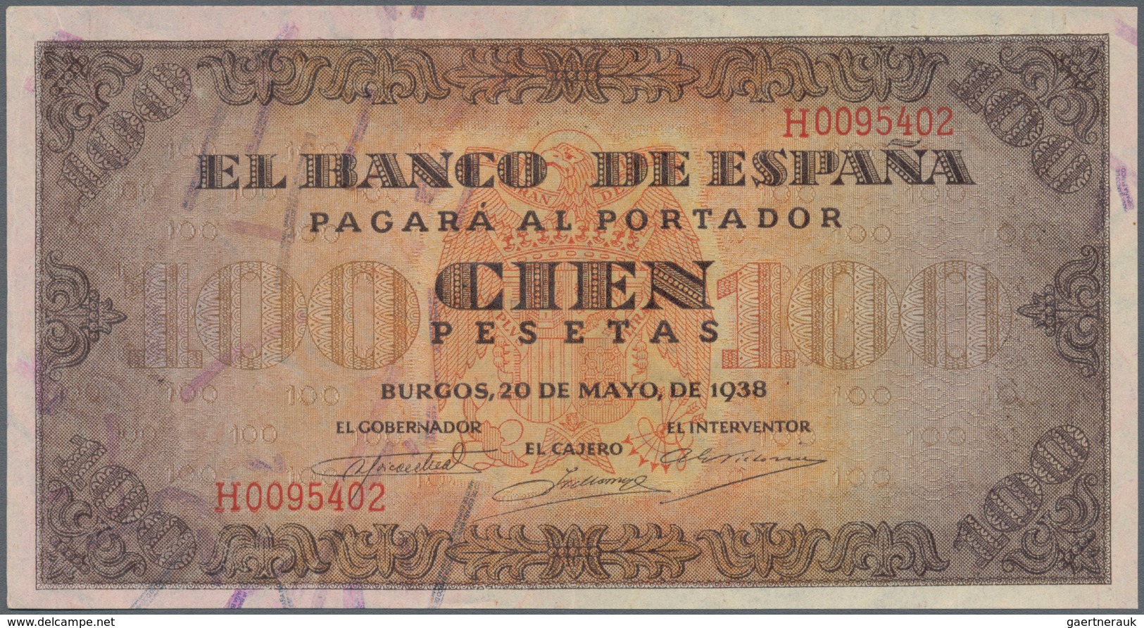 02421 Spain / Spanien: 100 Pesetas 1938 P. 113, Very Light Center Bend, Condition: XF+ To AUNC. - Other & Unclassified