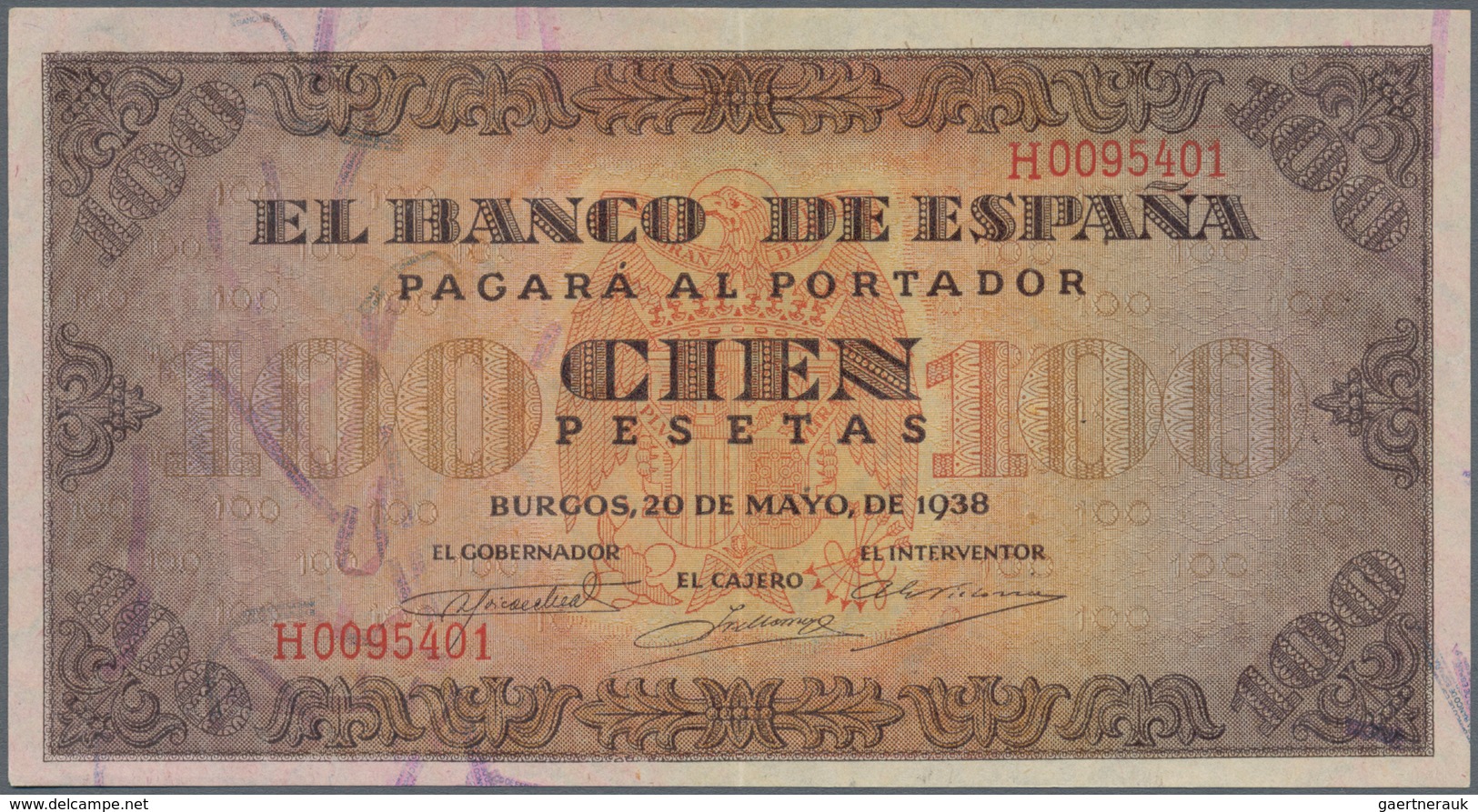 02422 Spain / Spanien: 100 Pesetas 1938 P. 113, Very Light And Hard To See Center Fold, No Holes Or Tears, - Altri & Non Classificati