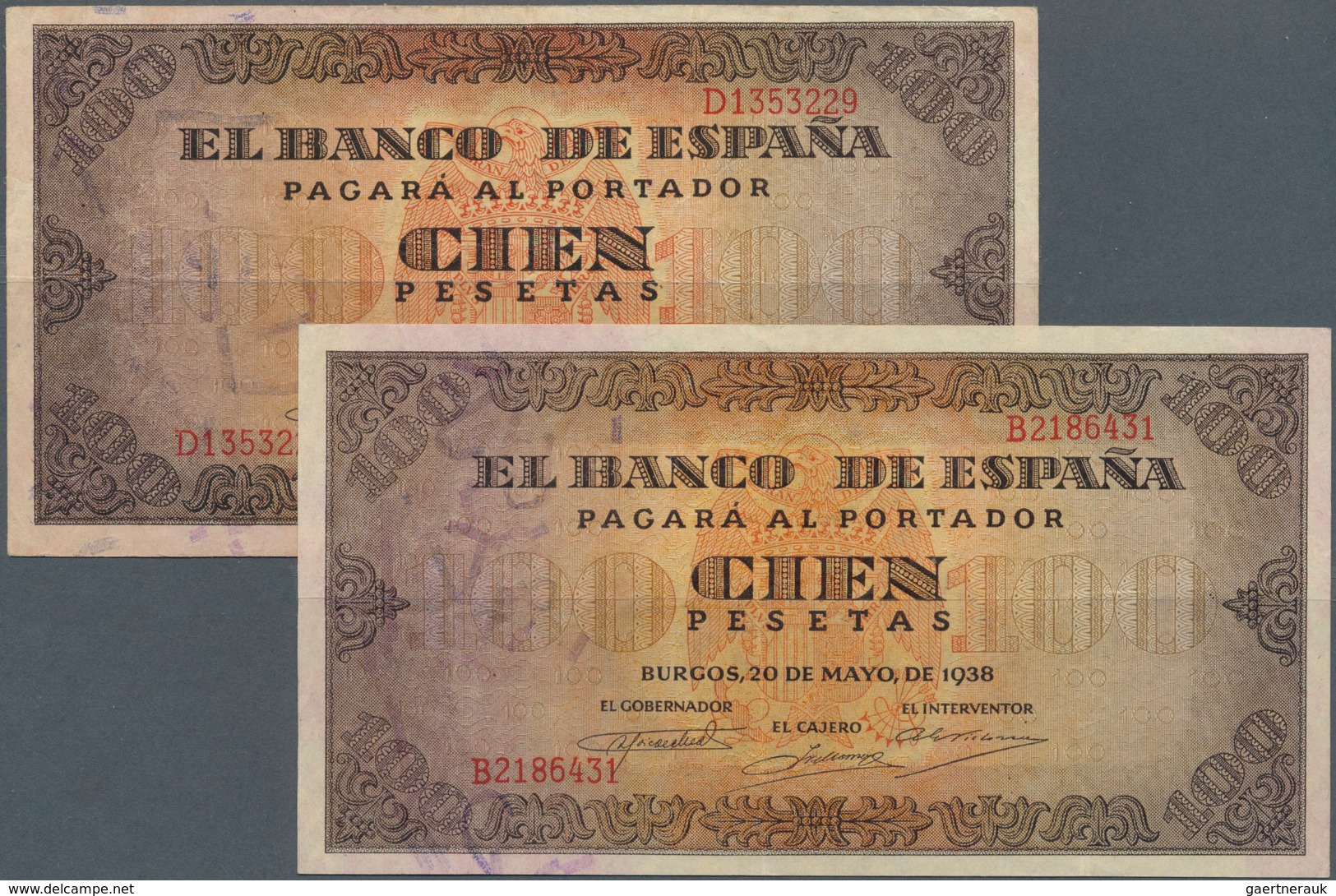 02423 Spain / Spanien: Set Of 2 Notes 100 Pesetas 1938 P. 113, Both Used With Light Folds In Paper, Pinhol - Otros & Sin Clasificación