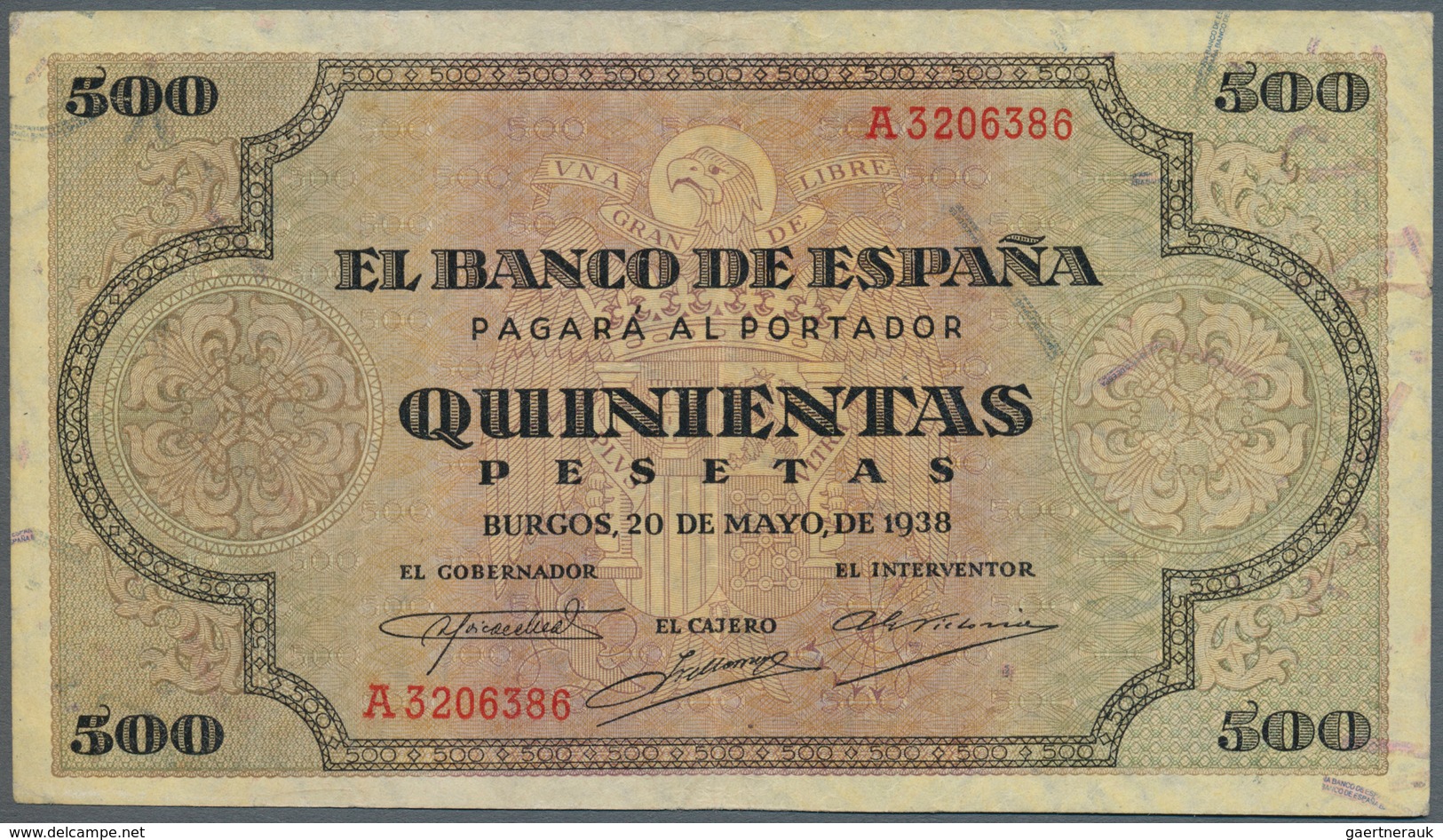 02424 Spain / Spanien: 500 Pesetas 1938 P. 114a, With Center Fold, A Few Very Tiny Pinholes But No Tears A - Otros & Sin Clasificación