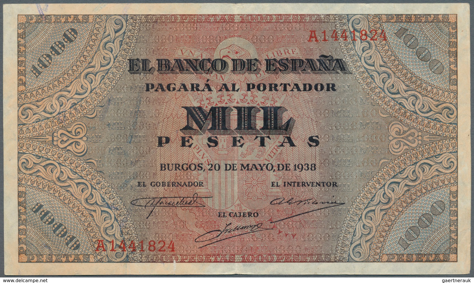 02425 Spain / Spanien: 1000 Pesetas 1938 P. 115a, 3 Vertical Folds, One 5mm Tear At Lower Border, No Holes - Andere & Zonder Classificatie