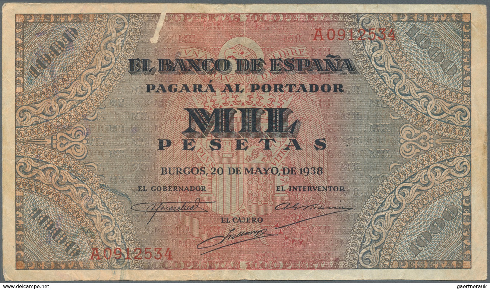 02426 Spain / Spanien: 1000 Pesetas 1938, P.115, Several Folds And Lightly Toned Paper, Some Tiny Pinholes - Otros & Sin Clasificación