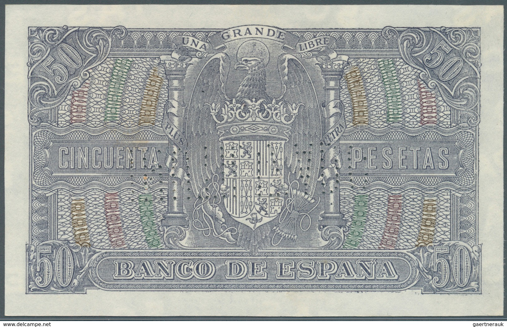 02428 Spain / Spanien: 50 Pesetas 1940 Specimen P. 117s, With Cancellation Perforation, Regular Serial Num - Otros & Sin Clasificación