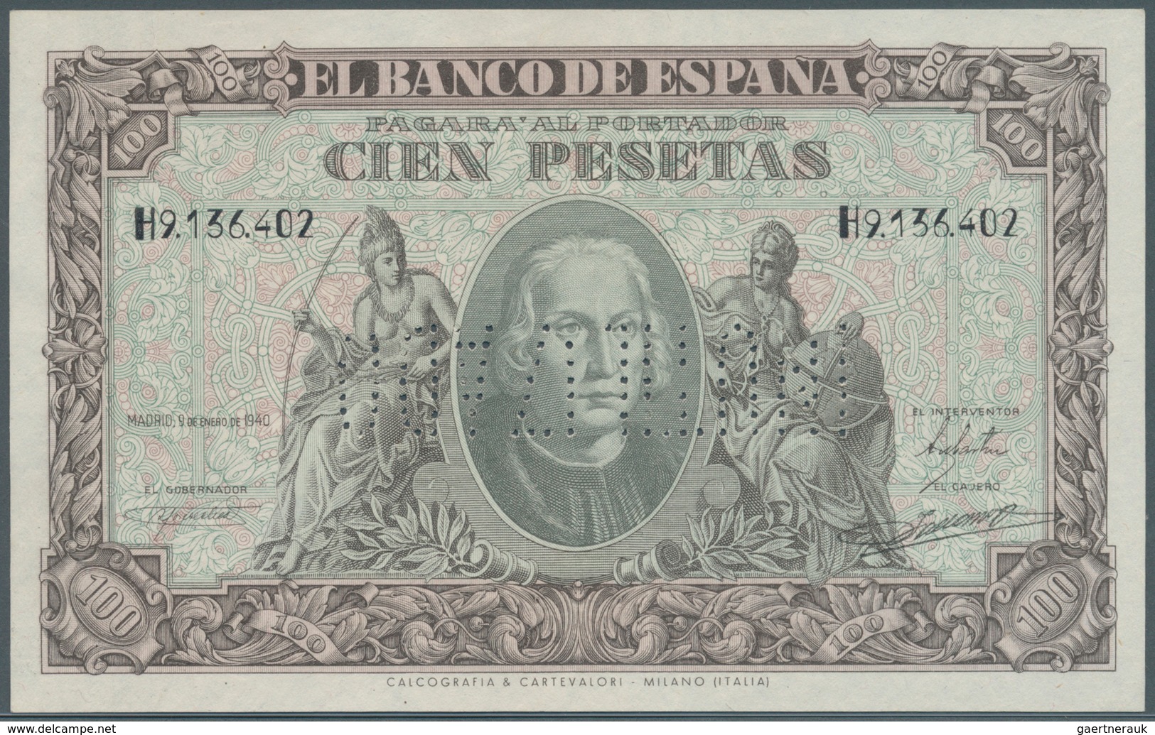 02429 Spain / Spanien: 100 Pesetas 1940 Specimen P. 118s, Cancellation Perforation, Regular Serial Number, - Andere & Zonder Classificatie