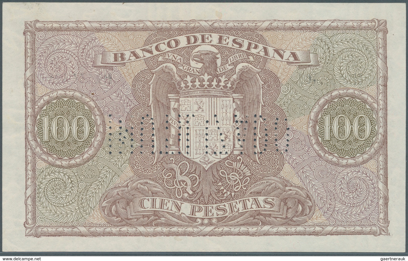 02429 Spain / Spanien: 100 Pesetas 1940 Specimen P. 118s, Cancellation Perforation, Regular Serial Number, - Andere & Zonder Classificatie