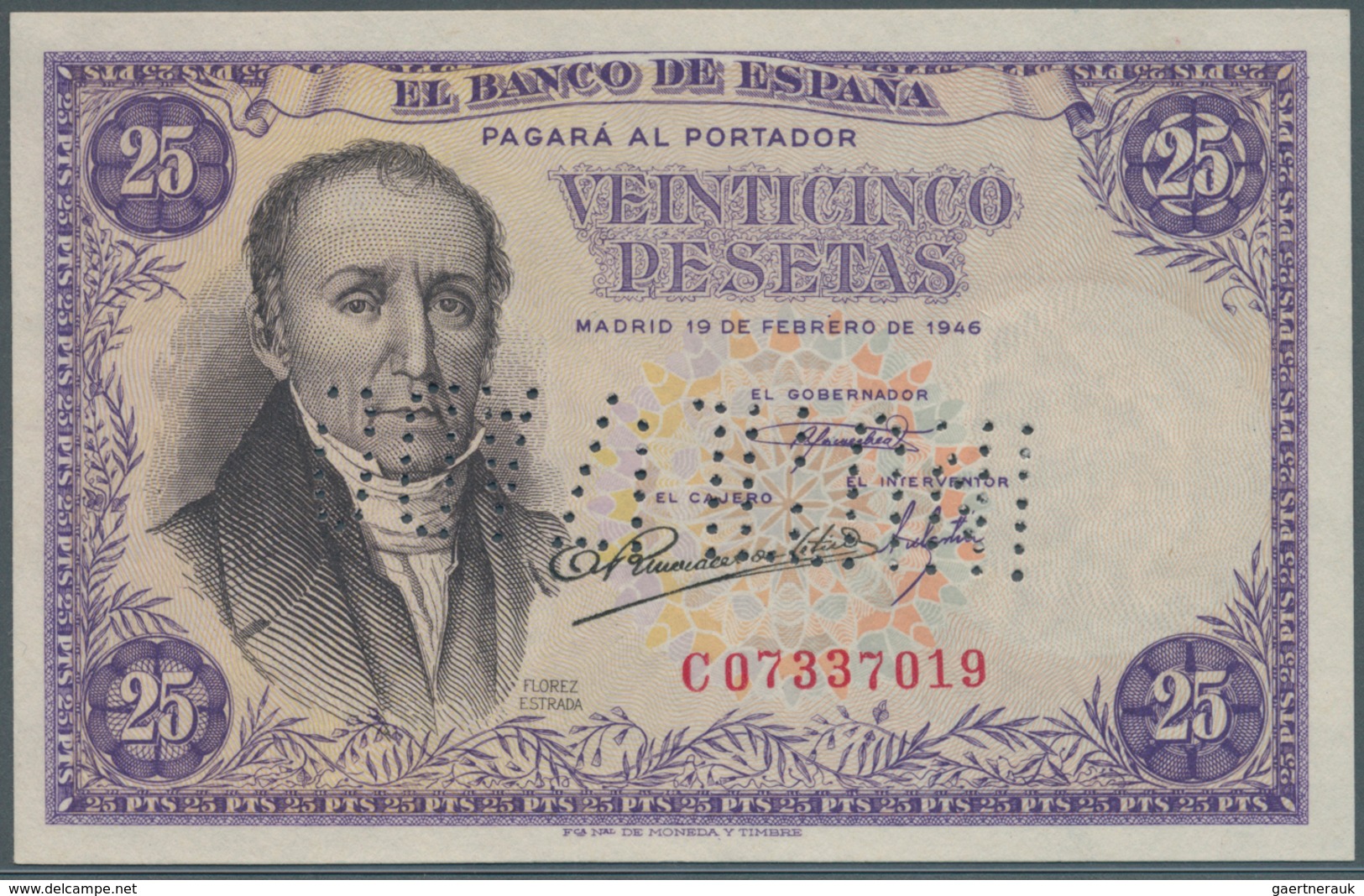 02431 Spain / Spanien: 25 Pesetas 1946 Specimen P. 130s, Cancellation Perforation, With Regular Serial Num - Andere & Zonder Classificatie