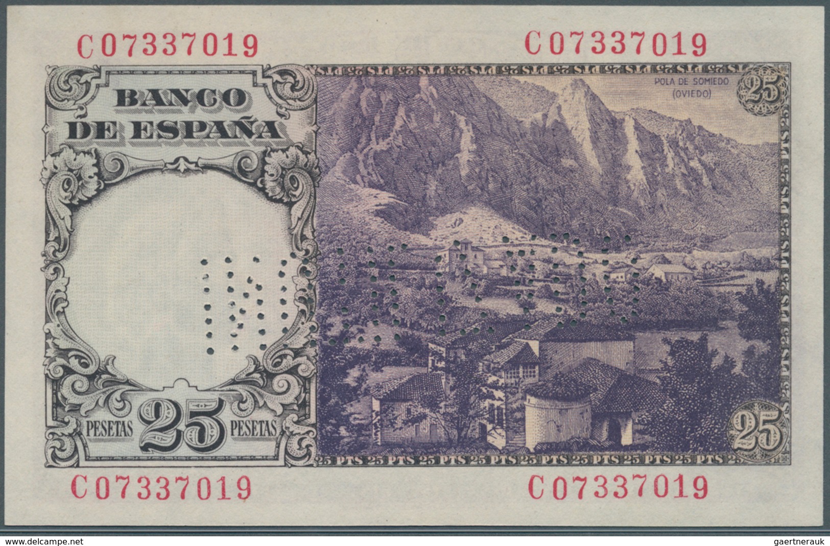 02431 Spain / Spanien: 25 Pesetas 1946 Specimen P. 130s, Cancellation Perforation, With Regular Serial Num - Other & Unclassified