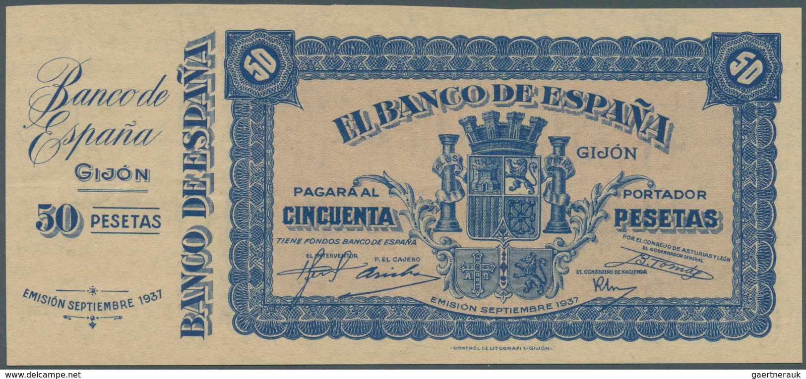 02435 Spain / Spanien: 50 Pesetas 1937 P. S579 "GIJON", Rare Note With Counterfoil At Left, Condition: UNC - Altri & Non Classificati