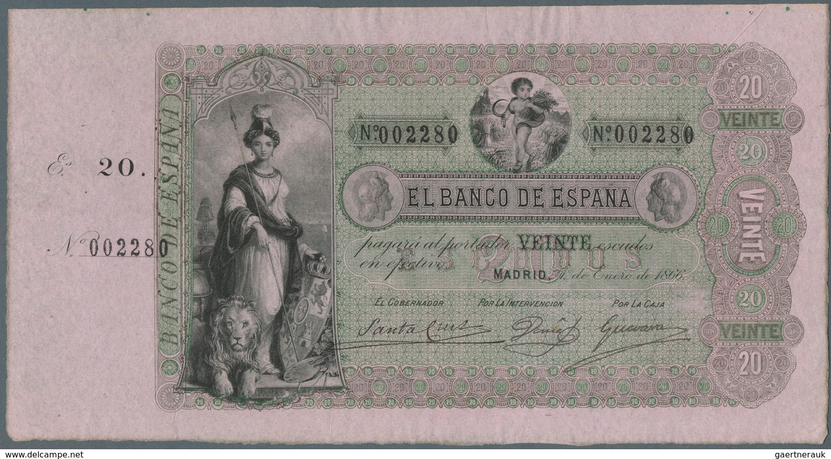02437 Spain / Spanien: 20 Escudos 1866 "El Banco De Espana" P. NL, Highly Rare Early Issue In Excellent Co - Other & Unclassified