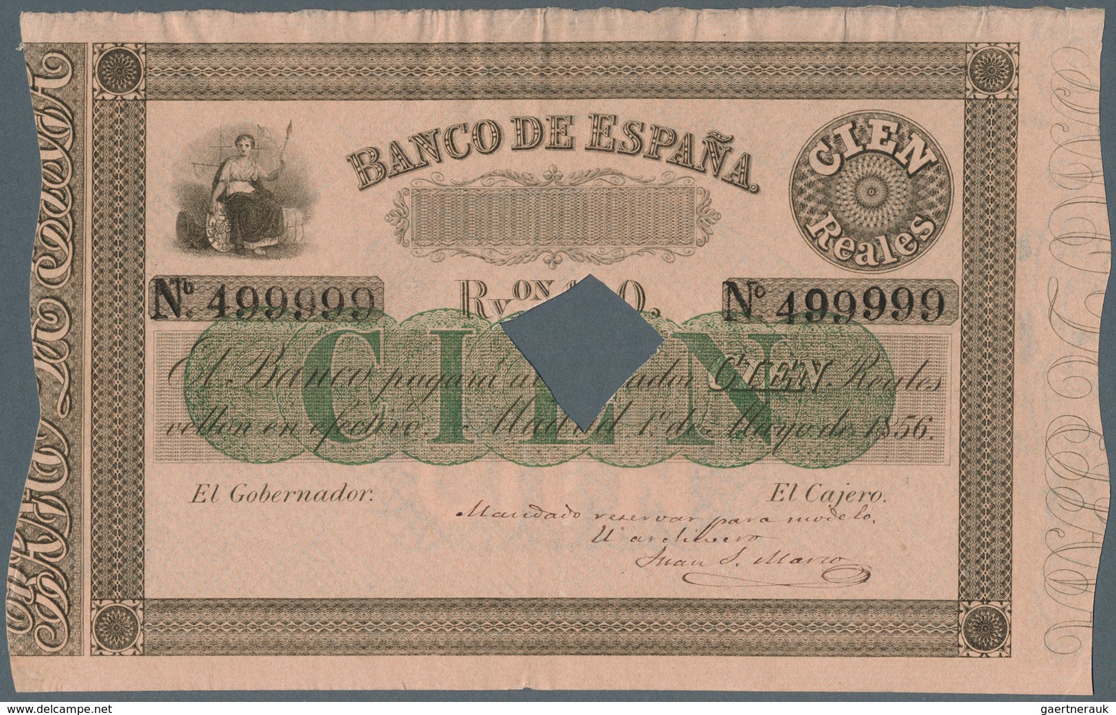 02438 Spain / Spanien: 100 Reales 1856 "Banco De Espana" P. NL, Highly Rare Banknote In Fantastic Conditio - Altri & Non Classificati