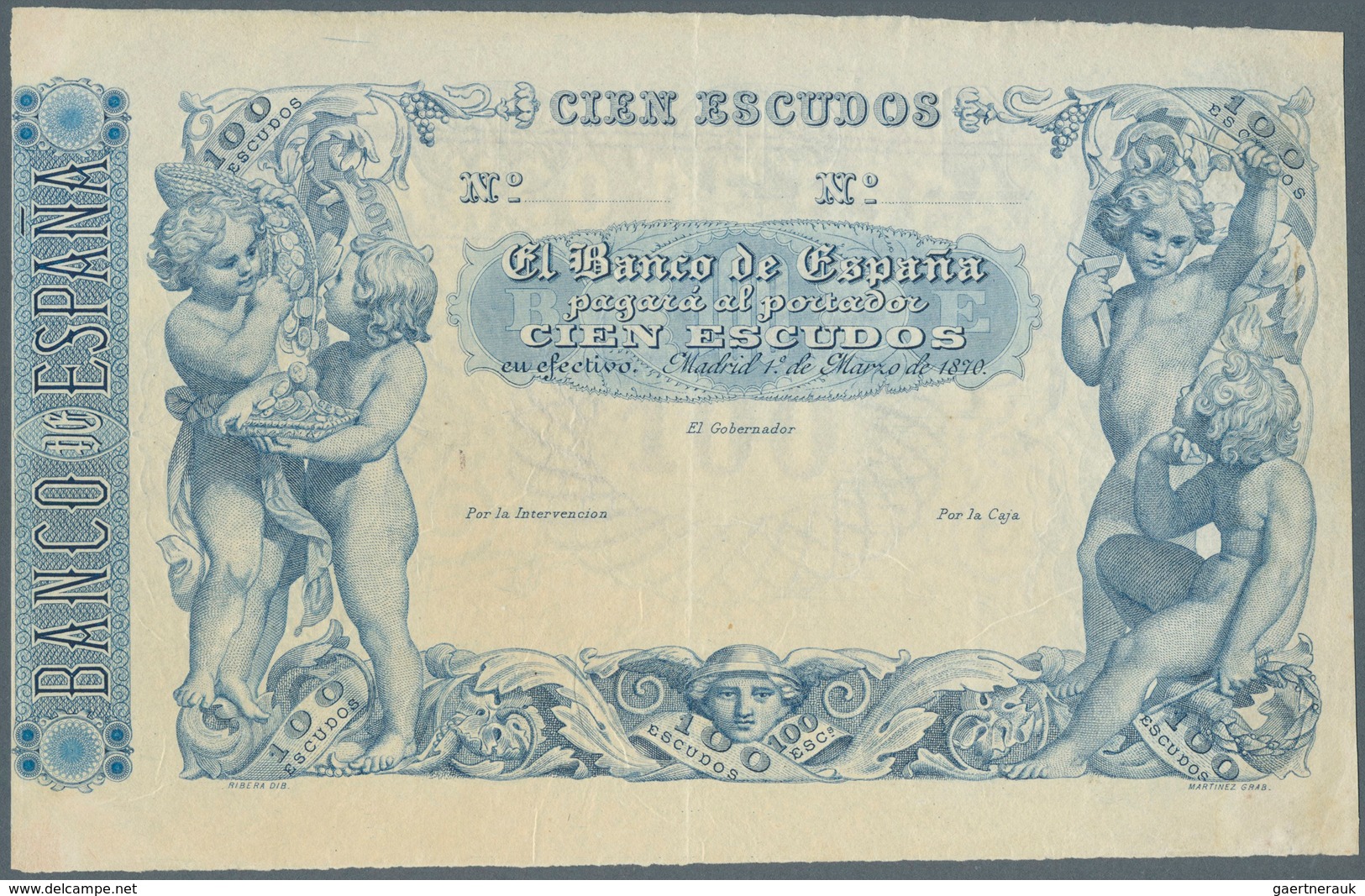 02439 Spain / Spanien: 100 Escudos 1870 P. NL, Highly Rare Note, Remainder Without Signatures Of "Banco De - Altri & Non Classificati