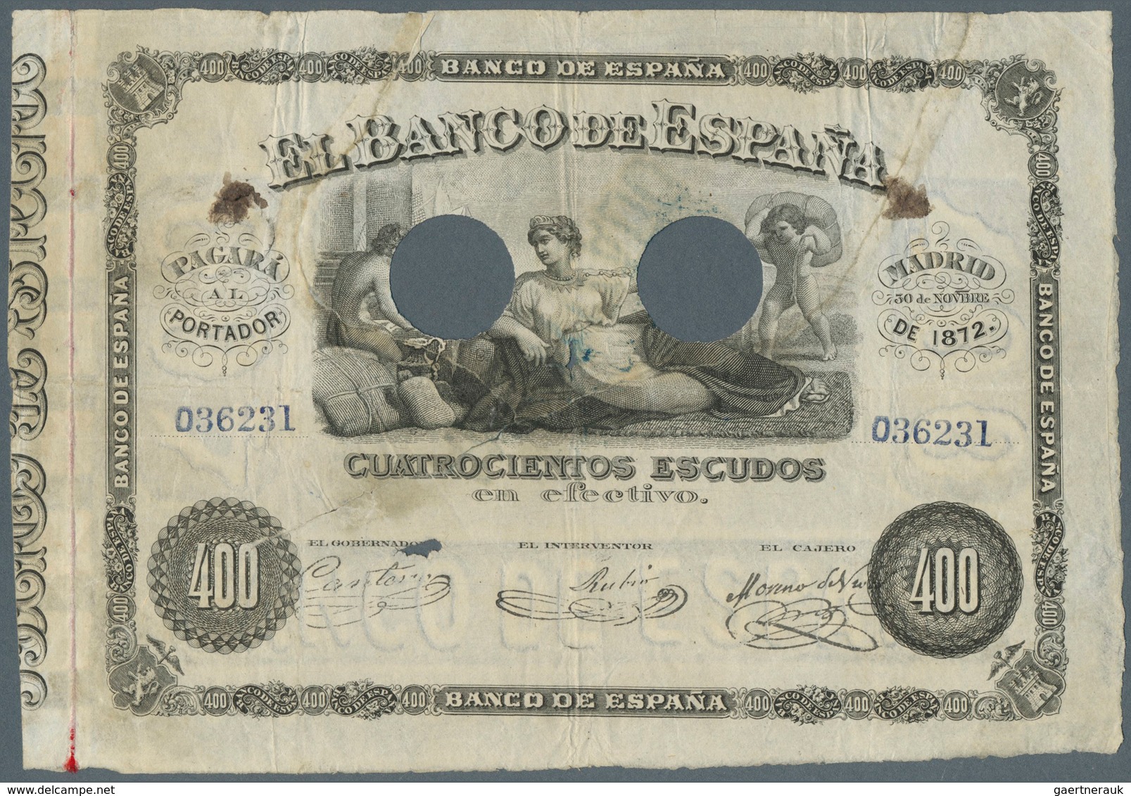 02440 Spain / Spanien: 400 Escudos 1872 P. NL, A Very Rare Issue, 2 Cancellation Holes At Center, A Strong - Other & Unclassified