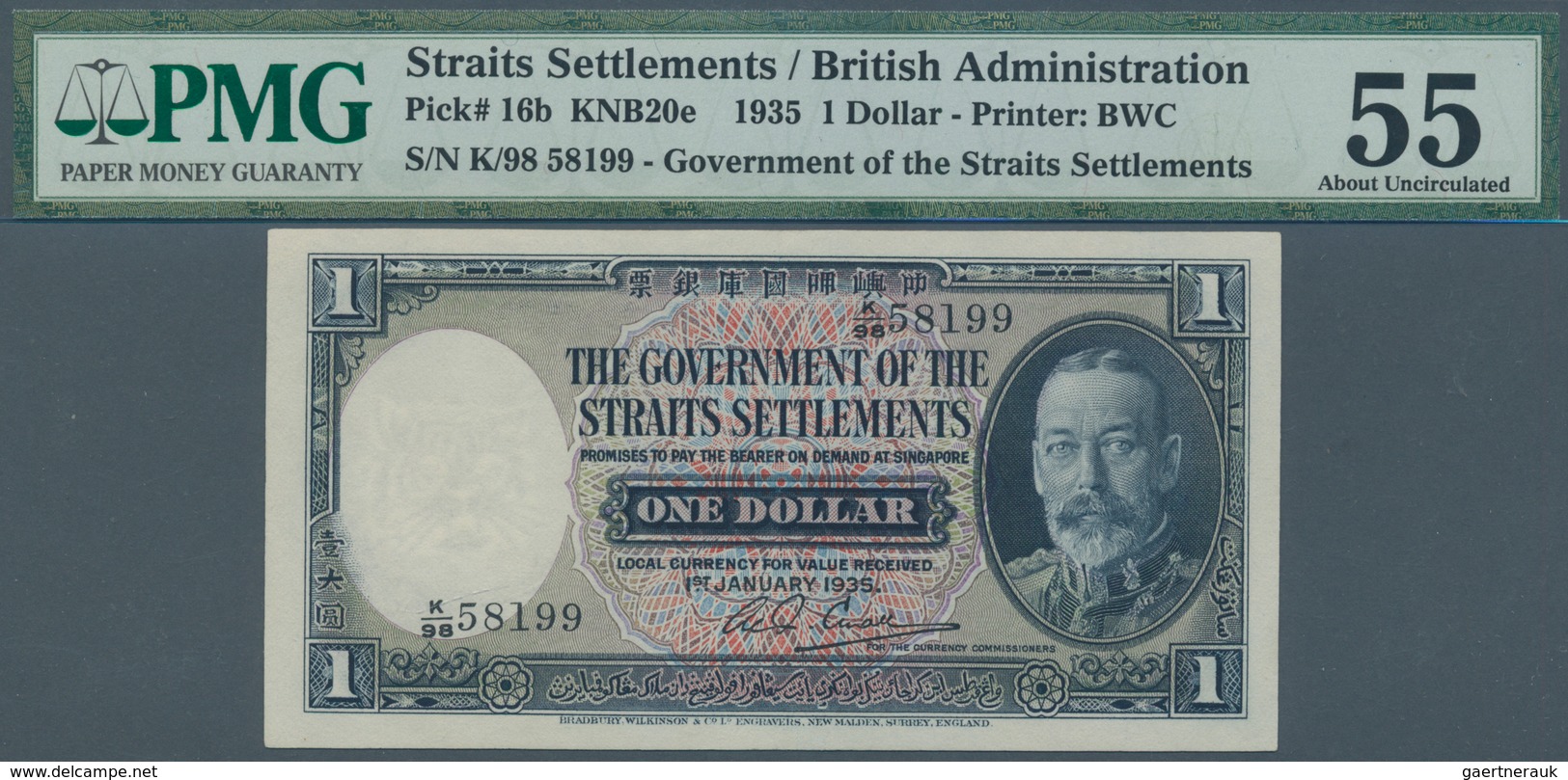 02446 Straits Settlements: 1 Dollar 14935 P. 16b, In Condition: PMG Graded 55 AUNC. - Malaysia