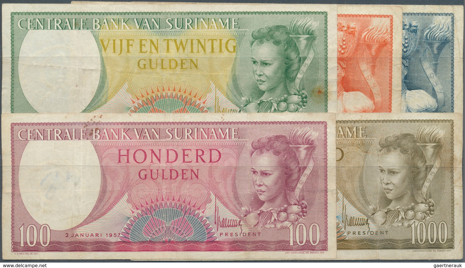 02452 Suriname: Complete Set Of Notes From The 1957 Series Containing 5, 10, 25, 100 And 100 Gulden 1957 P - Surinam