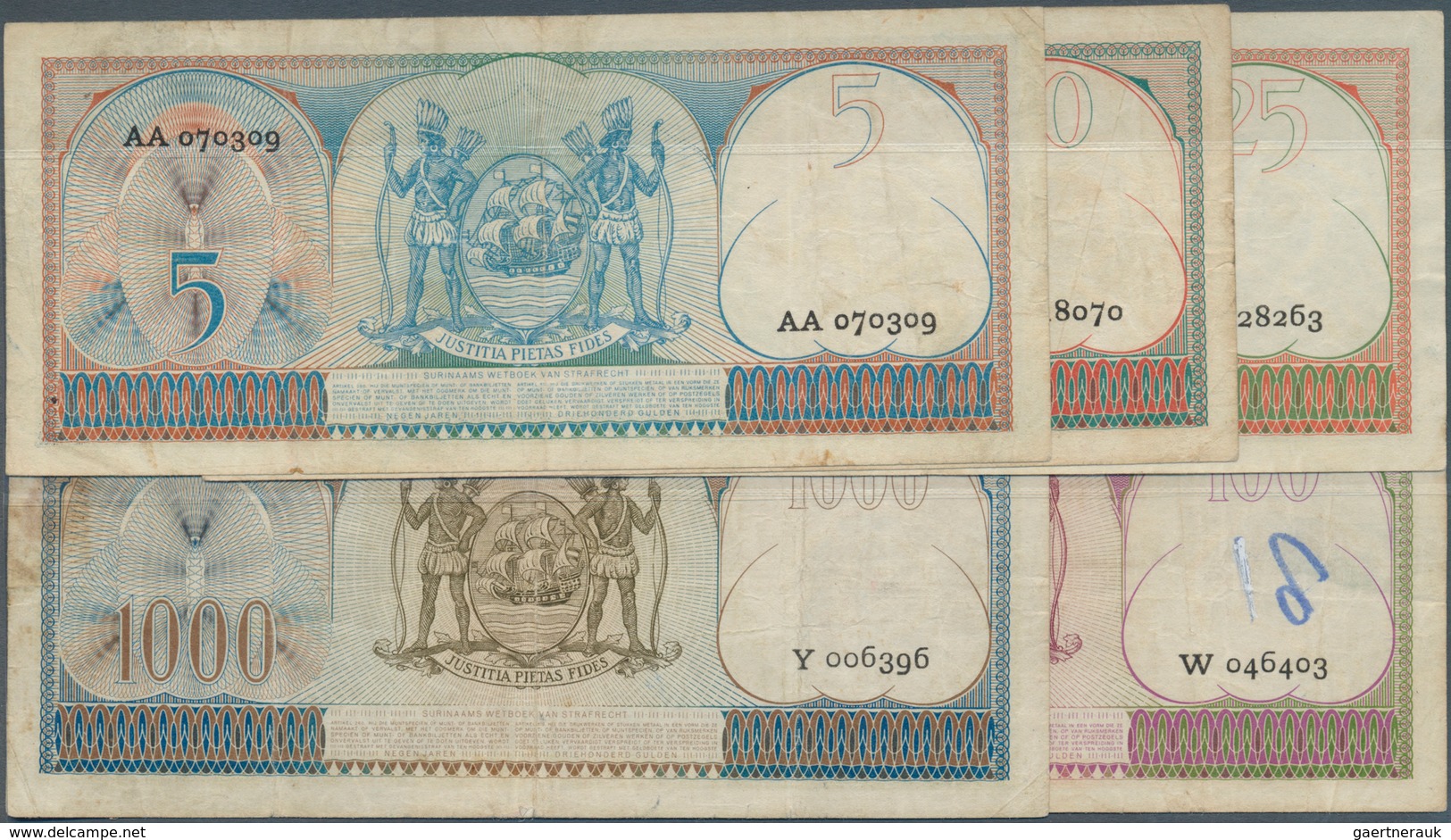 02452 Suriname: Complete Set Of Notes From The 1957 Series Containing 5, 10, 25, 100 And 100 Gulden 1957 P - Suriname