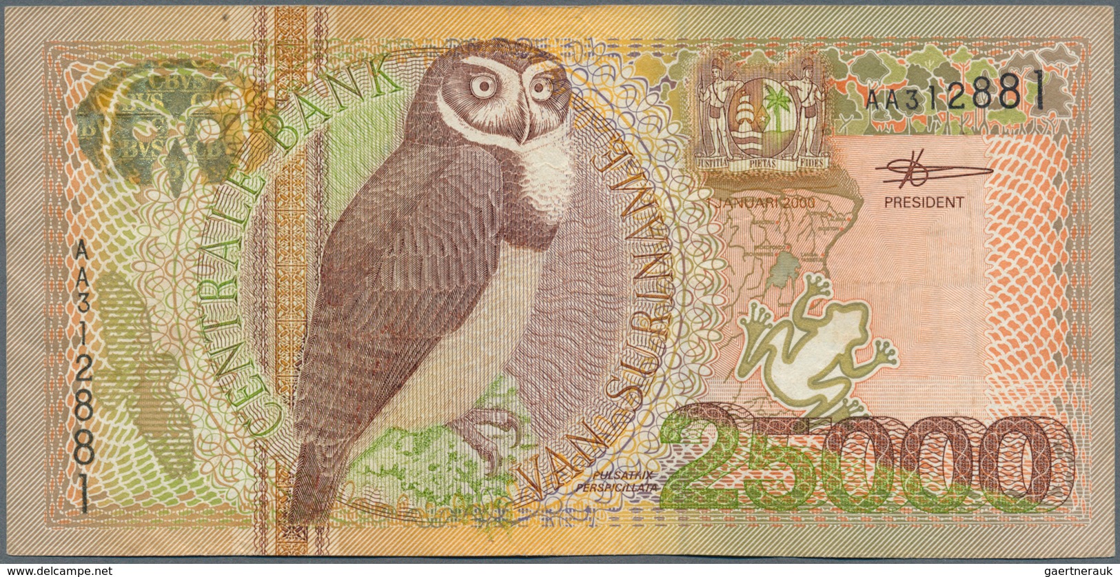 02454 Suriname: 25.000 Gulden 2000 "Owl Note" P. 154, Key Note Of The Series In Used Condition With Light - Surinam