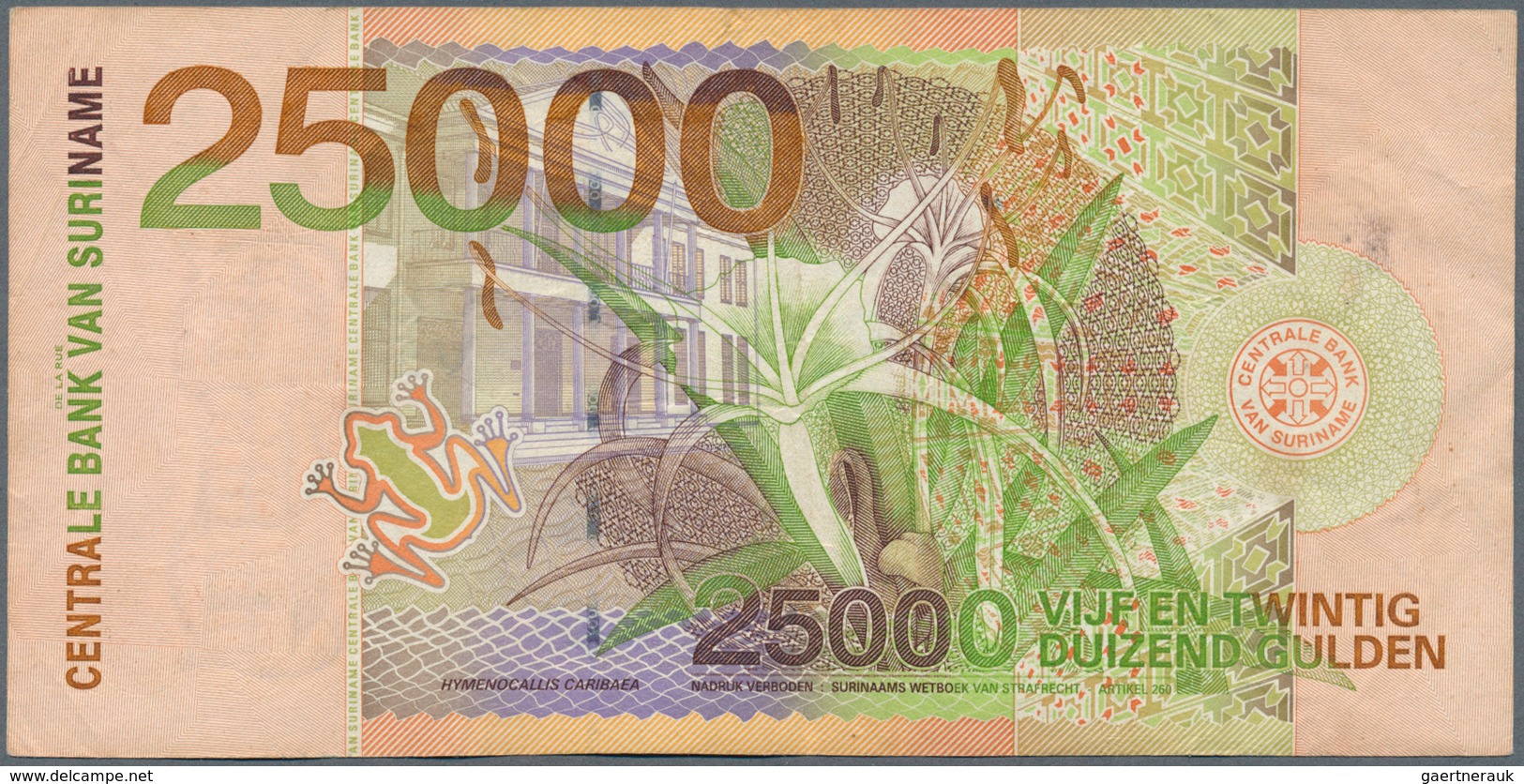 02454 Suriname: 25.000 Gulden 2000 "Owl Note" P. 154, Key Note Of The Series In Used Condition With Light - Surinam