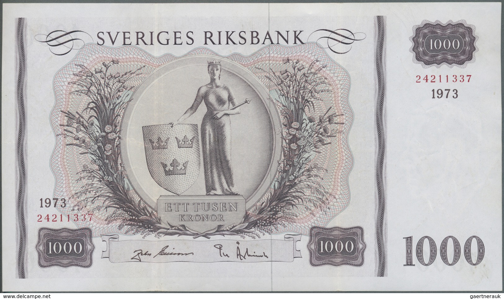 02459 Sweden / Schweden: 1000 Kroner 1973 P. 46f, Only Light Vertical Folds, Condition: XF. - Suecia