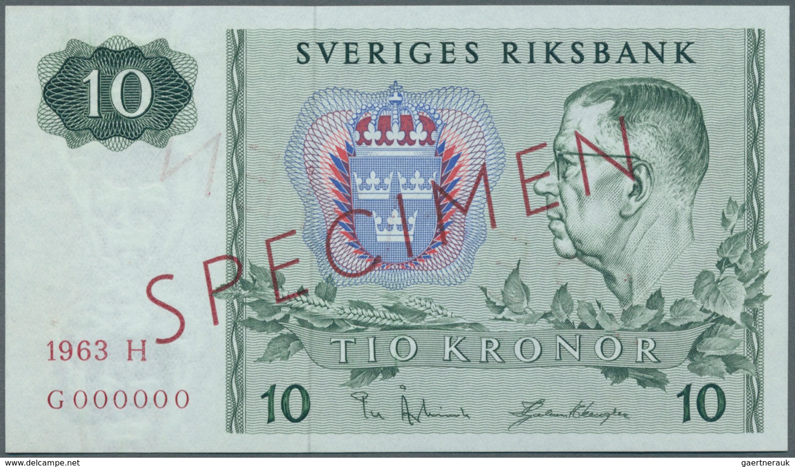 02460 Sweden / Schweden: 10 Kroner 1963 Specimen P. 52s With Zero Serial Numbers, Red Specimen Overprint, - Suède