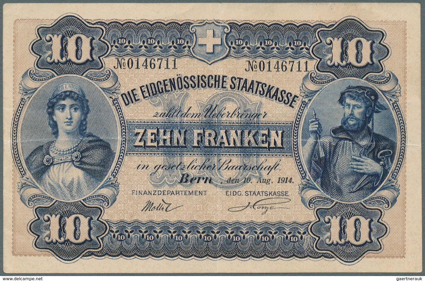 02463 Switzerland / Schweiz: 10 Franken 1914 P. 17, Center Fold, Light Horizontal Fold, Strong Paper, Orig - Svizzera