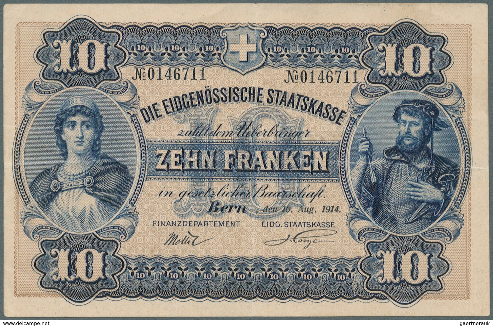 02463 Switzerland / Schweiz: 10 Franken 1914 P. 17, Center Fold, Light Horizontal Fold, Strong Paper, Orig - Suiza