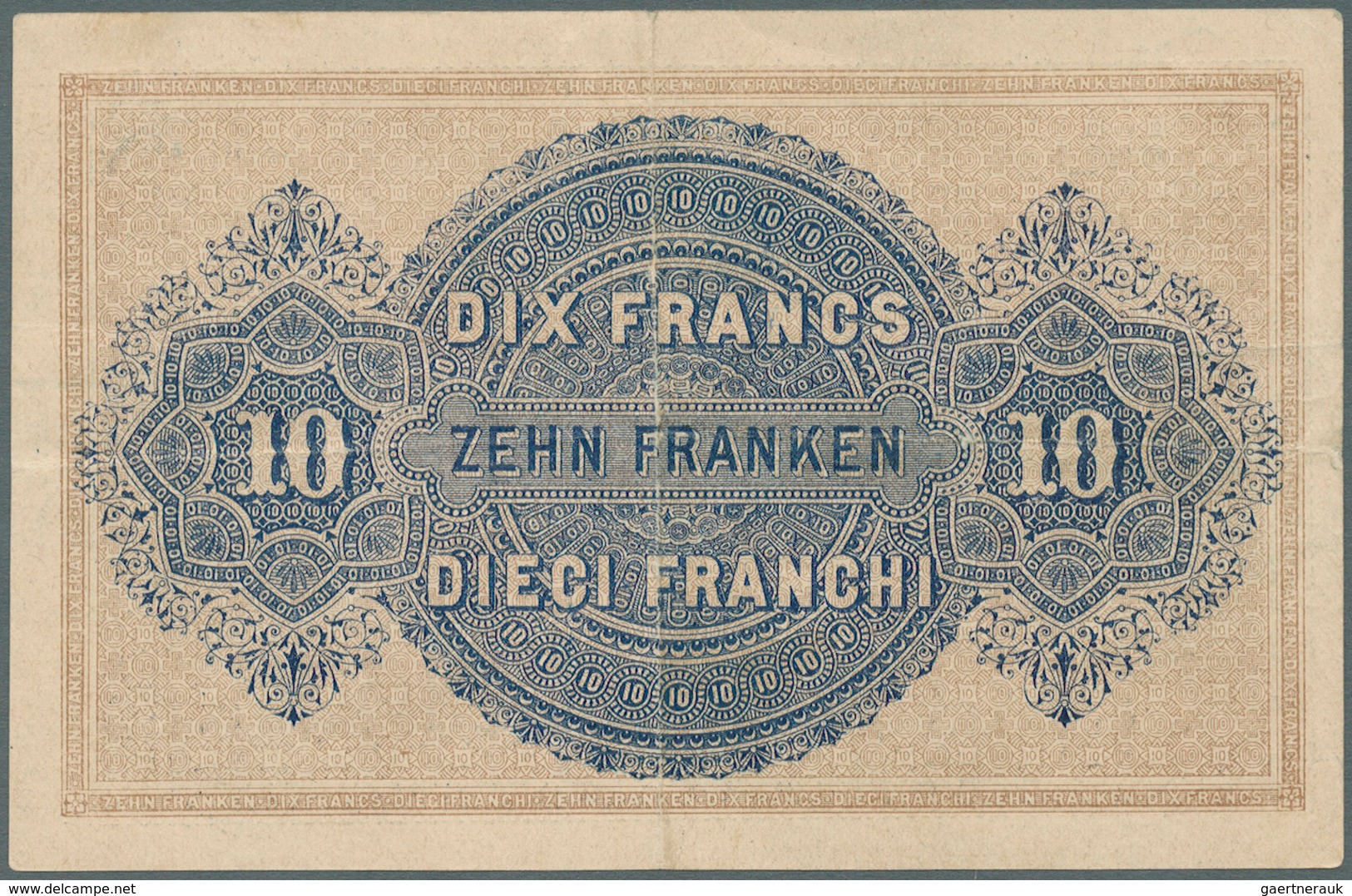 02463 Switzerland / Schweiz: 10 Franken 1914 P. 17, Center Fold, Light Horizontal Fold, Strong Paper, Orig - Zwitserland