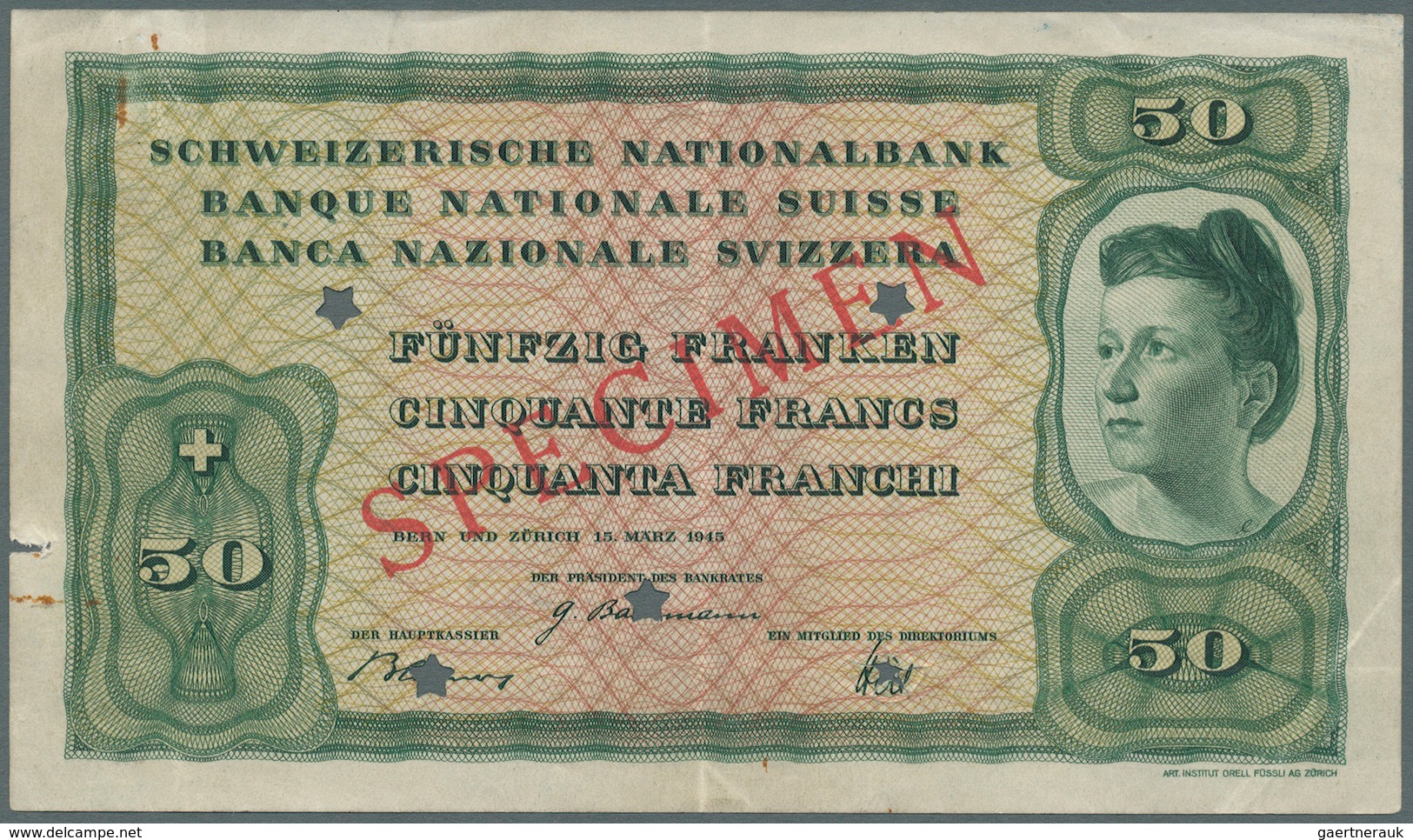 02466 Switzerland / Schweiz: 50 Franken 1945 Specimen P. 42s, Rare Unissued Banknote, 5 Star Cancellation - Suiza
