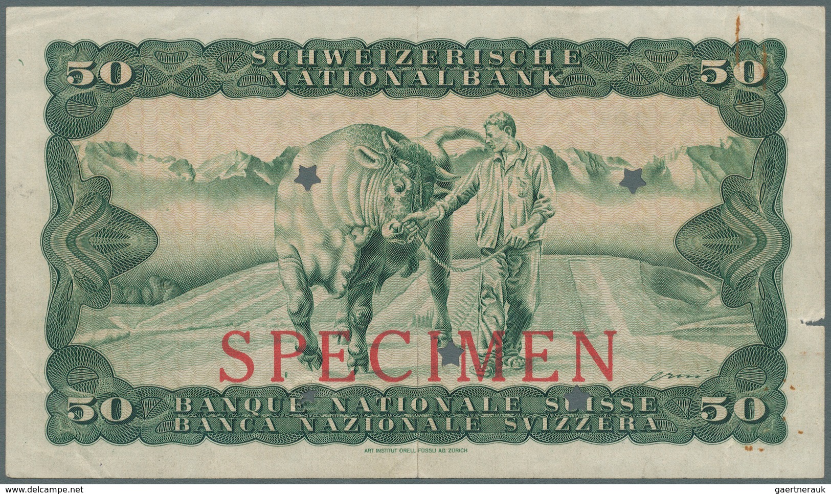 02466 Switzerland / Schweiz: 50 Franken 1945 Specimen P. 42s, Rare Unissued Banknote, 5 Star Cancellation - Schweiz