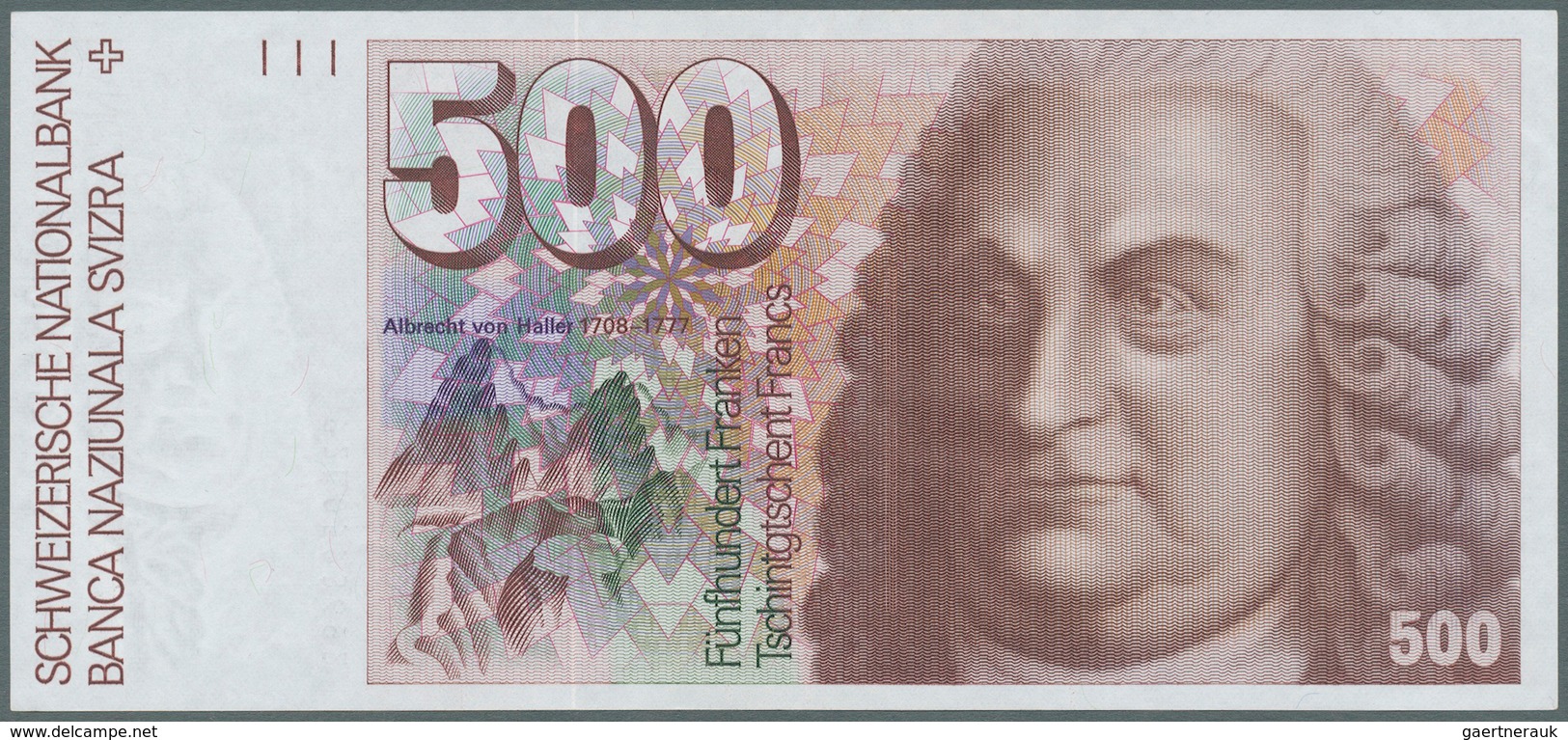 02467 Switzerland / Schweiz: 500 Franken 1992 P. 58c, Key Note, Very Light Center Fold, No Holes Or Tears, - Suiza