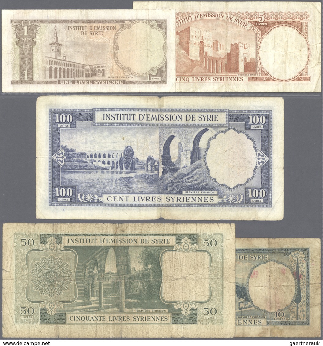 02470 Syria / Syrien: Complete Set Of 5 Notes From 1 To 100 Livres 1st Emission P. 73-78, All Used With Fo - Siria