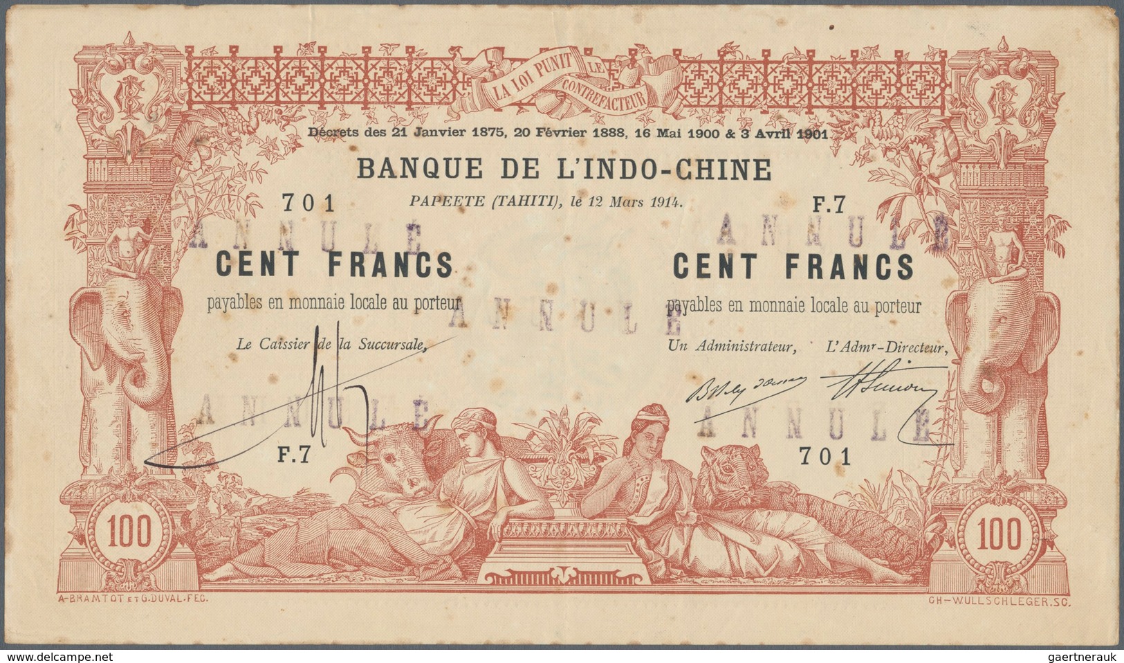 02471 Tahiti: 100 Francs 1914 With Several Smaller Stamps "Annule" P. 3, Small Stain Dots In Paper, Minor - Andere - Oceanië