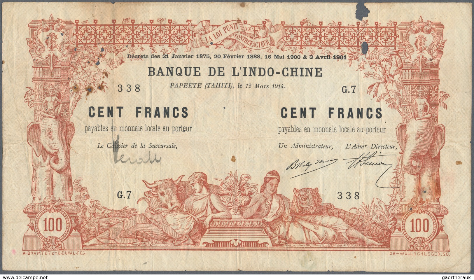 02472 Tahiti: 100 Francs 1914 Banque De L'Indochine P. 3, Several Larger Pinholes At Left, Two Larger Hole - Altri – Oceania