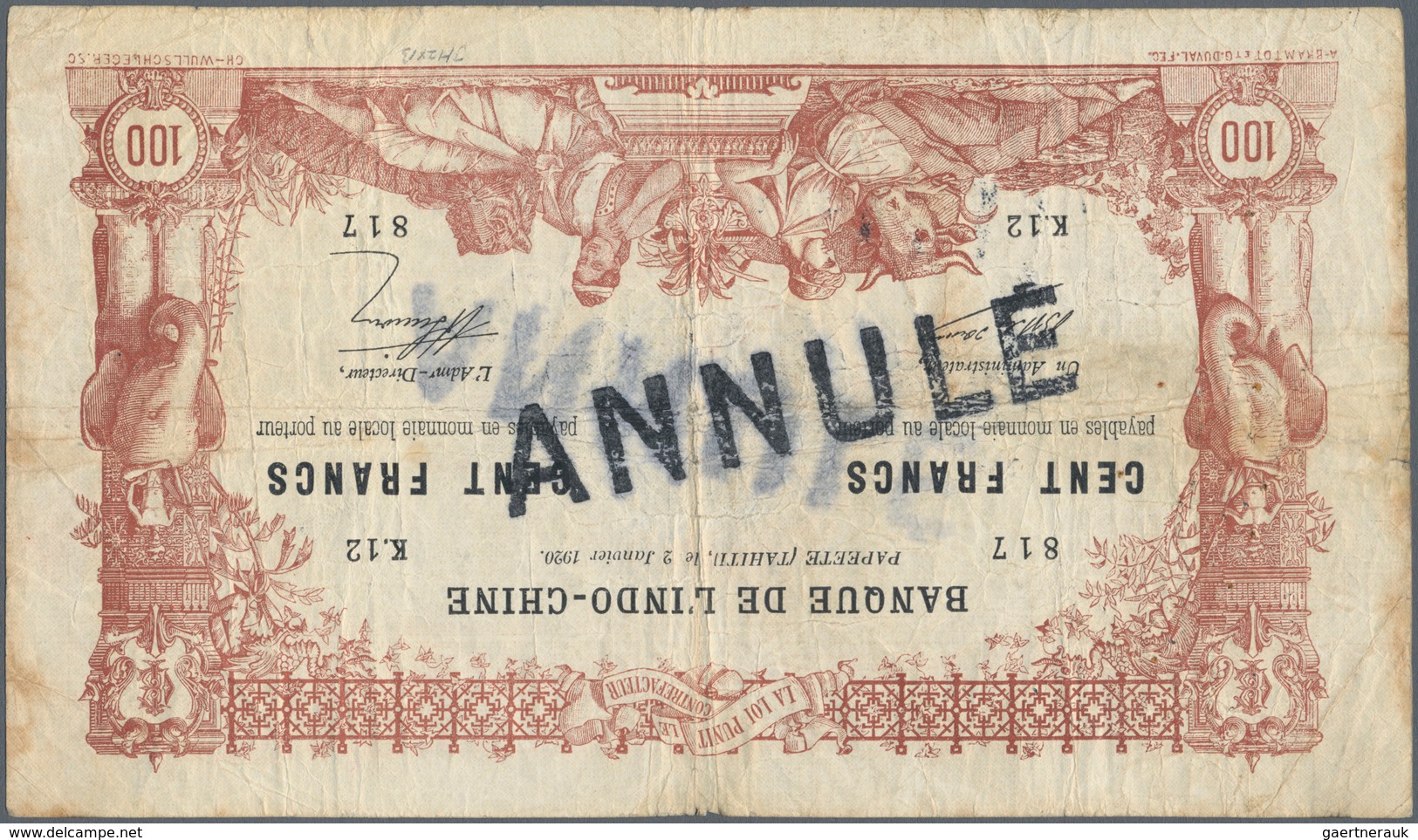 02474 Tahiti: 100 Francs 1920 Banque De L'Indochine P. 6b With "Annule" Stamp On Front And Back, Several P - Andere - Oceanië