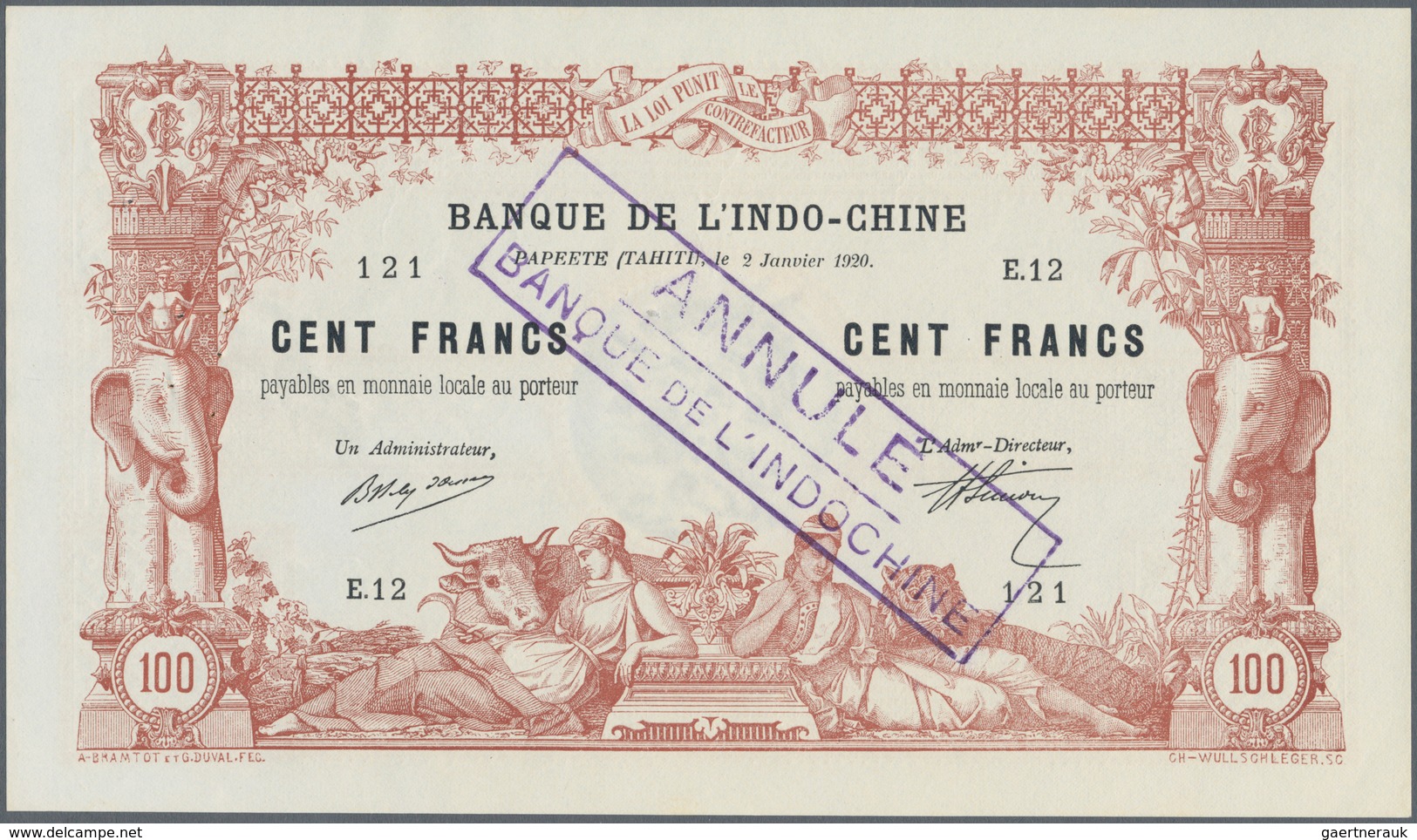 02475 Tahiti: Highly Rare 100 Francs 1920 Banque De L'Indochine With "Annule" Stamp P. 6b(s), Regular Note - Andere - Oceanië