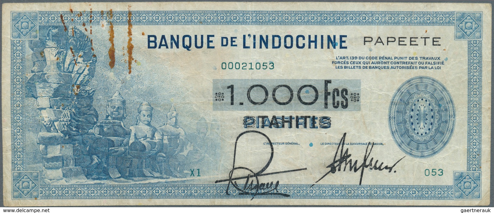 02477 Tahiti: 1000 Francs ND(1943) P. 18b, Used With Folds, Stain Of Paper Clip At Upper Left, Black Overp - Altri – Oceania