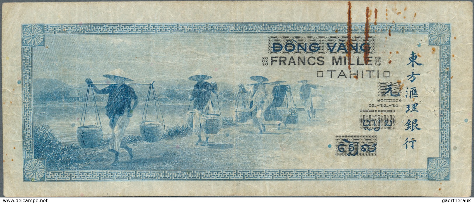 02477 Tahiti: 1000 Francs ND(1943) P. 18b, Used With Folds, Stain Of Paper Clip At Upper Left, Black Overp - Otros – Oceanía