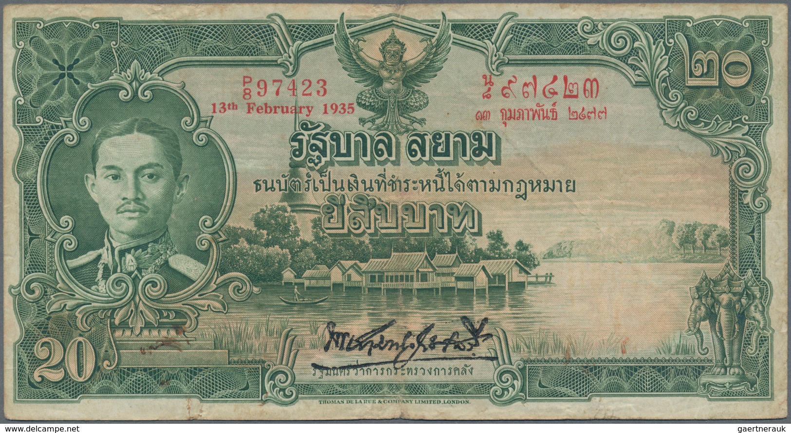 02480 Thailand: Government Of Siam 1 And 20 Baht 1935 King Rama VIII, P.22, 25, Both With Several Folds An - Tailandia