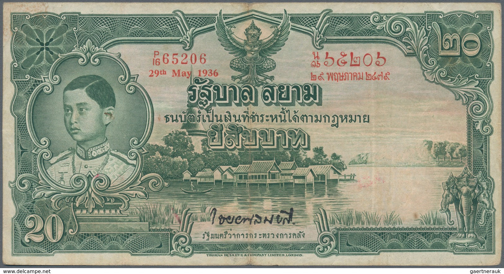 02481 Thailand: 20 Baht 1936 P. 29, In Condition: F+. - Tailandia