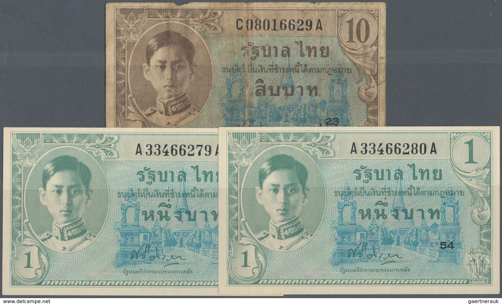 02486 Thailand: Set With 3 Banknotes Of The ND (1946) "King Rama VIII - US Printing" Issue Comprising 2 X - Tailandia