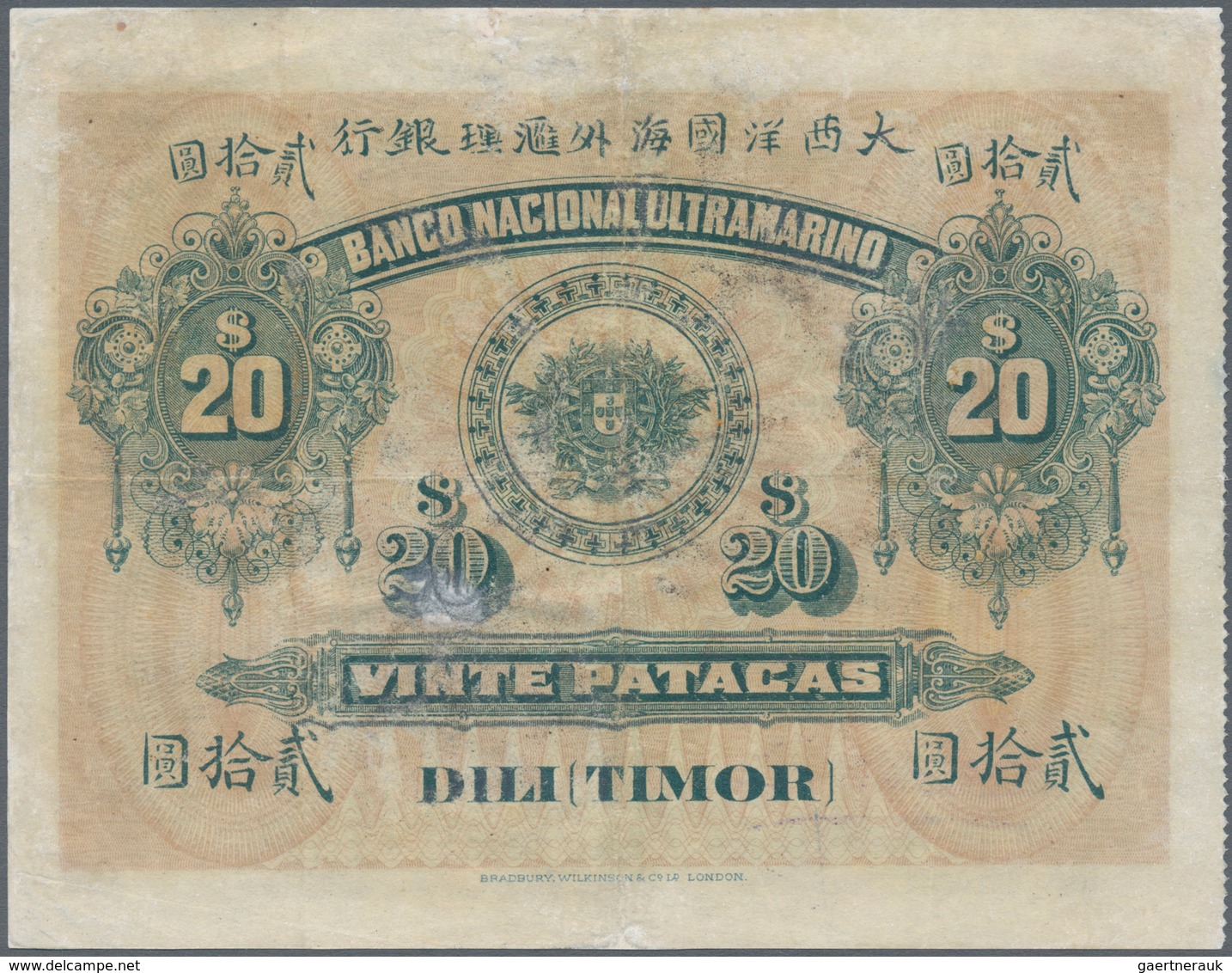 02492 Timor: 20 Patacas 1910, P.4 With Small Repaired And Restored Parts At Center And Upper Margin. Condi - Timor