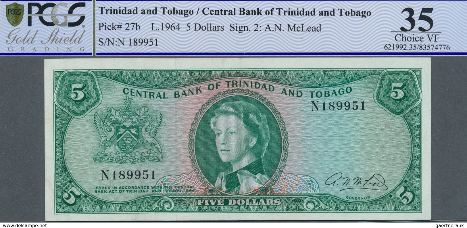 02497 Trinidad & Tobago: Central Bank Of Trinidad & Tobago 5 Dollars L.1964, P.27, Soft Vertical Bend At C - Trinidad Y Tobago